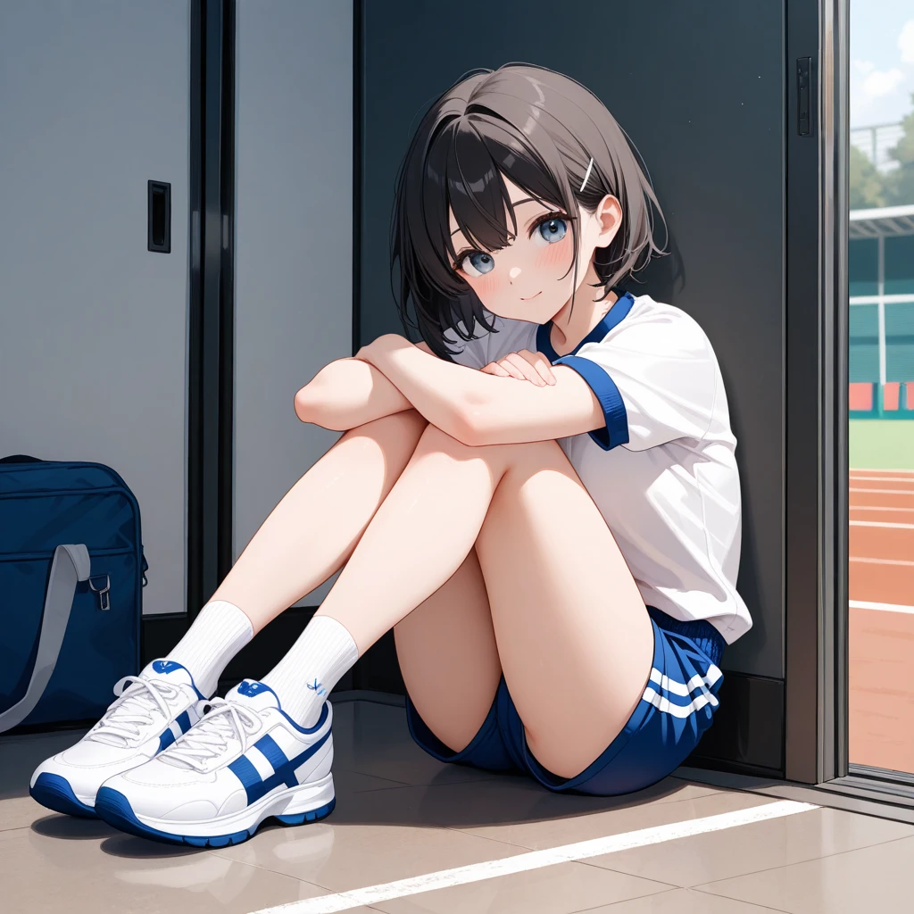 score_9,score_8_up,score_7_up,masterpiece,best quality, source anime, realistic, super detailed, extreme detailed, rating_safe,
1girl, sitting, hugging own legs, 
BREAK girl, 22yo, short hair, bob cut, (blunt bangs), black hair, (tareme, detailed cute brown eyes), curled eyelashes, (large breasts:0.9),
shiny hair, beautiful detailed eyes, beautiful face,
slender, small ass, slim legs,
school gym clothes, buruma,  panty peek, smile, 
outdoors, school playground, summer, sunlight