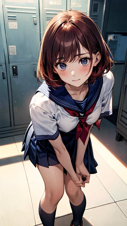 nsfw:1.5,(((Perfect Anatomy, Anatomically correct, Very detailedな肌))), 1 girl, Japanese, high School girl, Shiny skin, Observe the audience, ((Back view, From below)), Beautiful Hair, Beautiful Face, Beautiful details, (short hair:1.1, Bobcut:1.2), Dark blonde hair:1, blue eyes, Baby Face, Mole under the eye, Beautiful clavicle, Beautiful body, Beautiful breasts, Big Breasts:0.5, Beautiful thighs, Beautiful feet, Camel Toe, ((Short sleeve, Cute Sailor Suit, All dark blue, Dark blue pleated skirt, Navy blue sailor collar, Sailor scarf, socks, Brown Loafers)), Captivating thighs, ((Embarrassing, Scared, sad, tears, cry, Half-open mouth)), Are standing, (((Leaning forward), Raise one leg, Torn clothes:1.5、Bare nipples)), (Beautiful views), summer, School, locker room, 8k, highest quality, Masterpiece:1.2, Very detailed), (Realistic), Beautiful illustrations, Natural light, whole body,