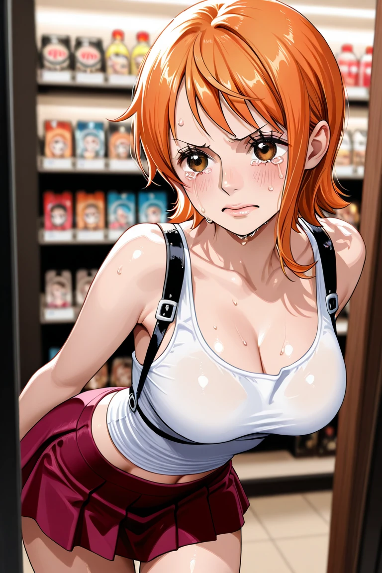 Red-haired bob-cut woman in micro bikini, full of yogurt in cleavage, embarrassed face, shame, upper body,