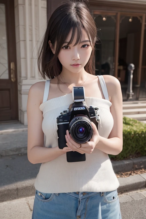 1 girl on her knees looking at the camera filming her from below, capturing the gap between the breasts.