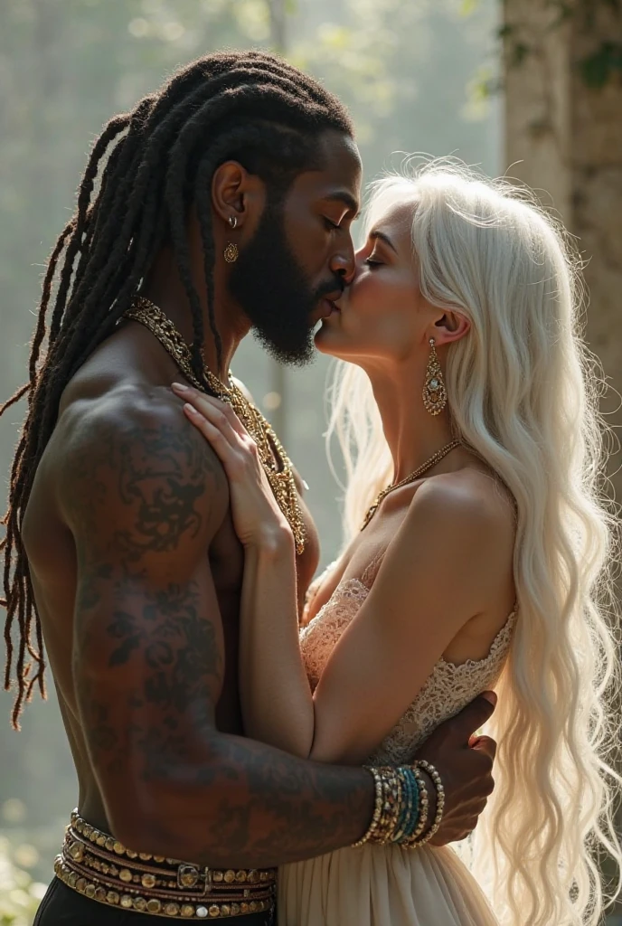 A stunningly rendered, photo-realistic (1:1) from head to toe of a 20-year-old Nude Korean female with an unnaturally long, cascading mane of pure white hair. She stands tall and proud, her lithe, muscular body glistening with a sheen of perspiration that accentuates her defined abs and curvaceous form. Captured by a skilled hunter from a primitive tribe, her expression is a blend of fierce defiance and stoic acceptance. Her eyes, a piercing shade of blue, seem to peer directly into the soul of the viewer. She is completely nude, showcasing her youthful beauty against the rugged backdrop of a lush jungle setting, Her Vagina very visible. The hunter, a muscular and tanned man with intricate tribal tattoos, stands behind her, his powerful arms holding her in a firm but respectful grip. His gaze is fixed on something beyond the frame, hinting at an impending challenge or decision. The lighting is dramatic, casting deep shadows that play across their intertwined bodies, while a soft glow from the setting sun pierces through the dense foliage, highlighting their stark contrast in skin tones. The details are meticulous, from the beads of sweat on her brow to the individual strands of hair that cling to her body, creating a scene that is as mesmerizing as it is intense. The surrounding jungle is alive with the vibrant colors of exotic flora and fauna, yet the focus remains squarely on the captivating interplay between the captive beauty and her captor., cinematic shot, dynamic lighting, 75mm, Technicolor, Panavision, cinemascope, sharp focus, fine details, 8k, HDR, realism, realistic, key visual, film still, cinematic color grading, depth of field