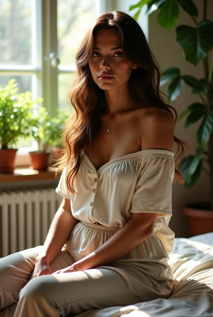 (photorealism:1.2), beautiful woman, sitting on bed, wearing loose off-shoulder top, pajama pants, long curly hair, indoors, soft lighting, plants in background, window with sunlight, cozy room, relaxed pose, realistic, intricate details, warm colors, by Greg Rutkowski, by Alphonse Mucha showing boobs