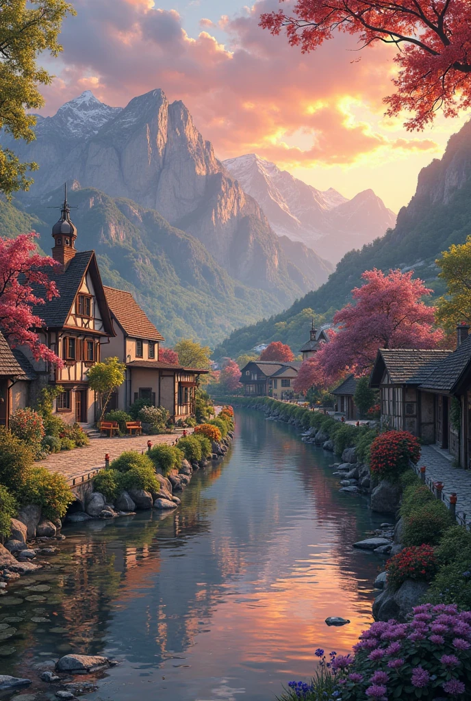 a small village by the river, mountains in the background, floral flowers colorful, detailed landscape, Beautiful natural landscapes, atmospheric lighting, scorching sunset, warm colours, practical, photopractical, Detailed Foliage, complex buildings, cobblestone street, Charming country house, swirly vibrant colors, lush vegetation, Still water reflections, Picturesque, idyllic, work of art, best qualityer, 8k, extremely detaild,anime styling