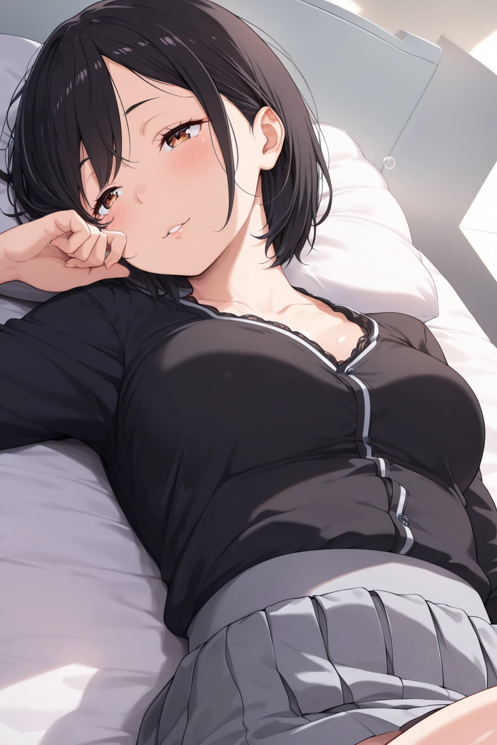 1boy, black hair, bowl cut, wide brown eyes, black turtle neck, thigh highs, smug, HD, masterpiece, bedroom, big thighs, slim upper body, smug, best quality, laying down on stomach, lewd