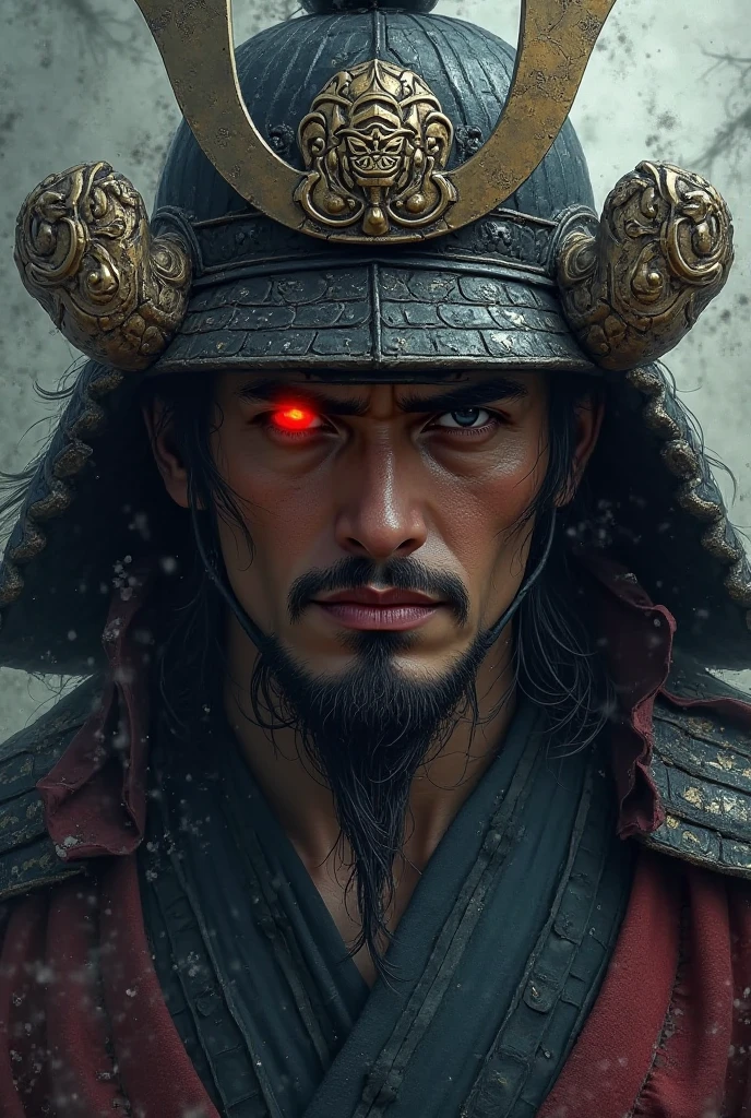 Create the face of a samurai with a red eye 