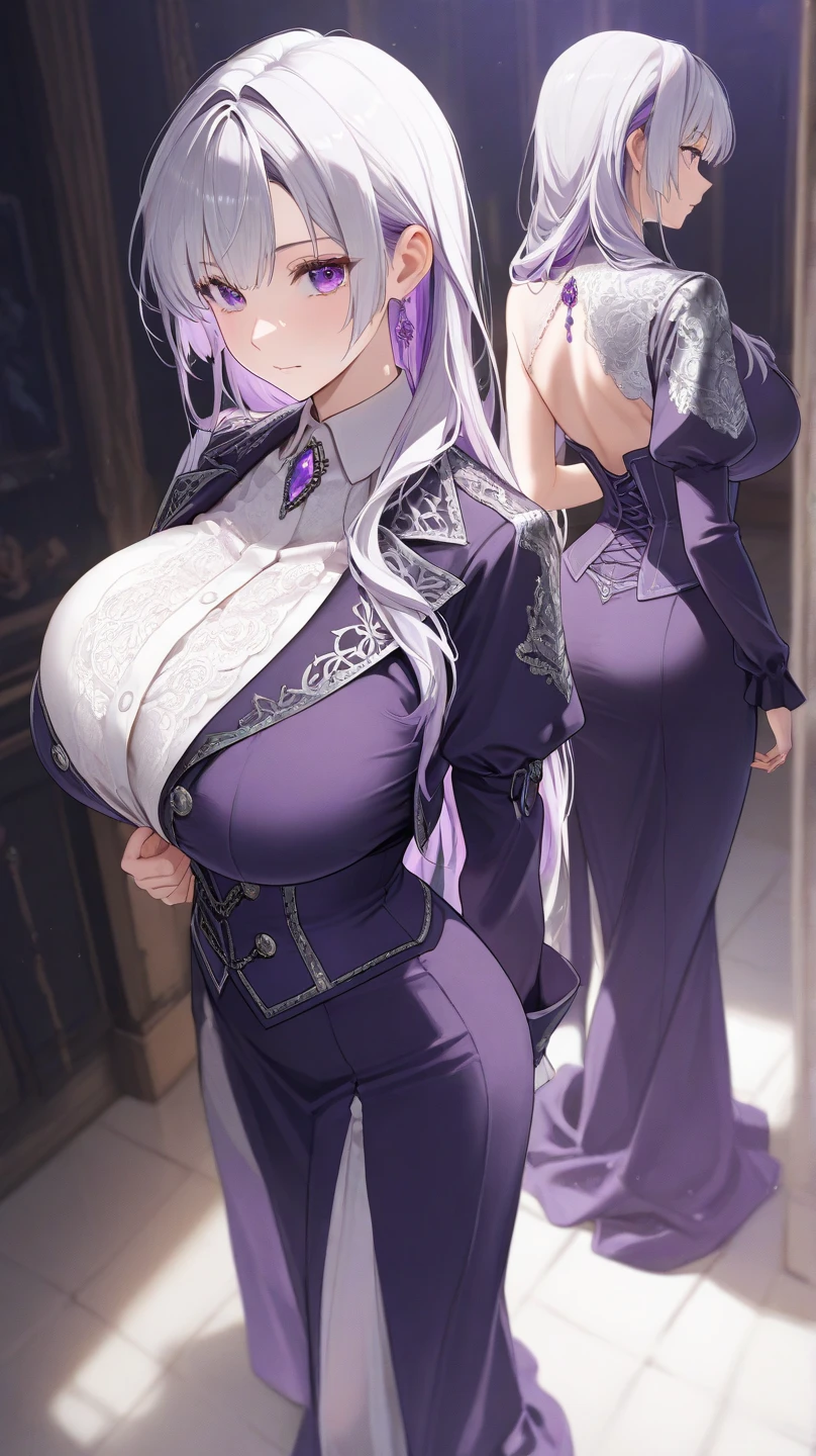1 girl, long purple hair, purple eyes, large breast, black lingerie, black panties, garterbelt with black stocking, standing, indoor, nipple perked out from under bra, perfect finger shape, the number of fingers is not excessive,