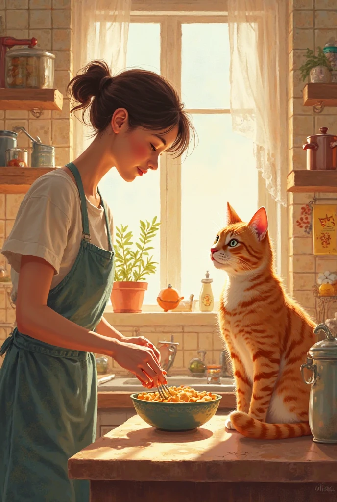 Make a image of  making food for little orange cat in kitchen 