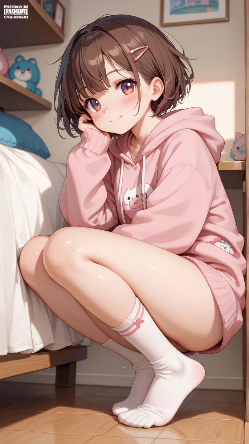 ((8k, Highest quality, masterpiece: 1.3)),Ultra-high resolution,(1 girl, alone), (Color changing eyes, Ultra-detailed, Expressive brilliance, Glitter, Glowing Eyes), Highly detailed eyes, Highly detailed face, Random Hair, ((pastel colour))A young woman with chestnut-brown hair tied in a loose bun is lounging on the couch in the living room, her feet tucked under a soft blanket. She’s wearing a cozy, oversized sweatshirt and pajama shorts, her expression relaxed and slightly sleepy as she watches a movie. Her partner sits beside her, their legs gently touching, creating a sense of closeness. The room is dimly lit, with the warm glow of the TV screen casting soft shadows. The woman occasionally glances at the camera with a content, half-asleep smile, enjoying the quiet evening together,(nsfw:1.4)