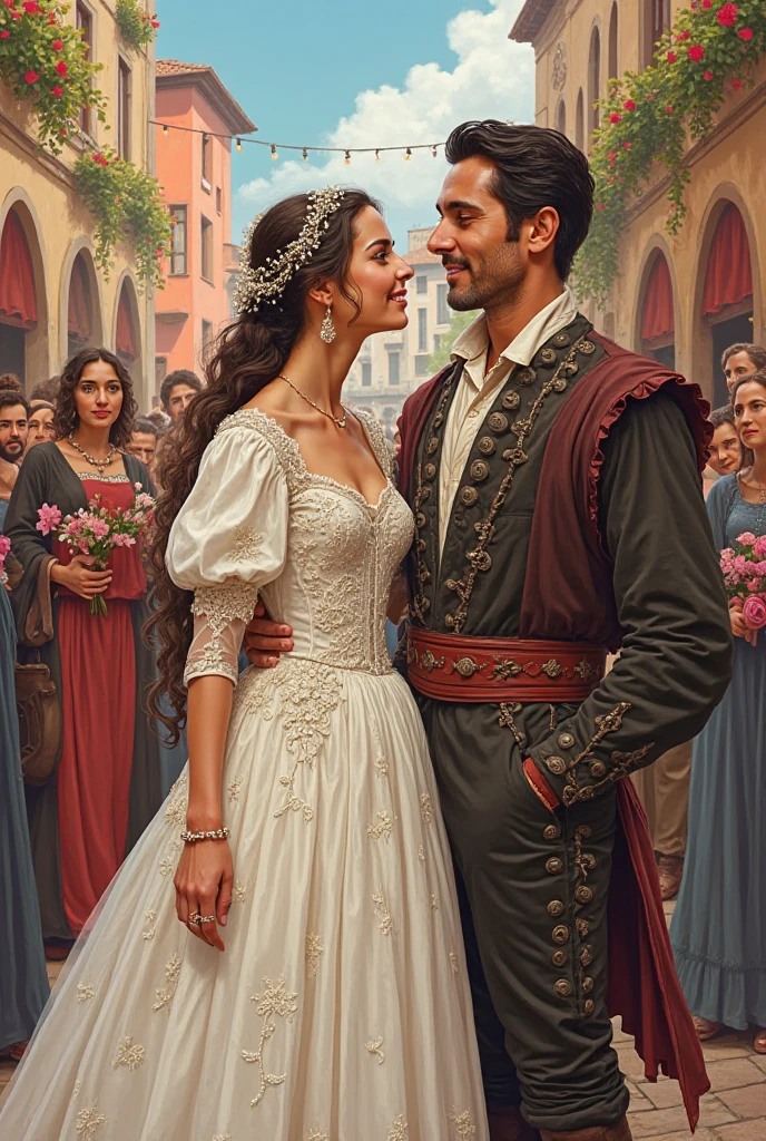
"Create an illustration of the beautiful young Spanish woman Maria Pita on her wedding day to Gregorio Rocamonde in the city of A Coruña, Spain, in the year 1589. The scene should capture the joy and celebration of the occasion, with Maria dressed in an elegant traditional wedding gown adorned with intricate lace and embroidery. Gregorio stands beside her in a stylish attire of the period, showcasing their love and happiness. Surround them with friends and family, all dressed in 16th-century Spanish clothing, celebrating with flowers and festive decorations. The backdrop should highlight A Coruña's charming architecture, filled with vibrant colors and a festive atmosphere."

