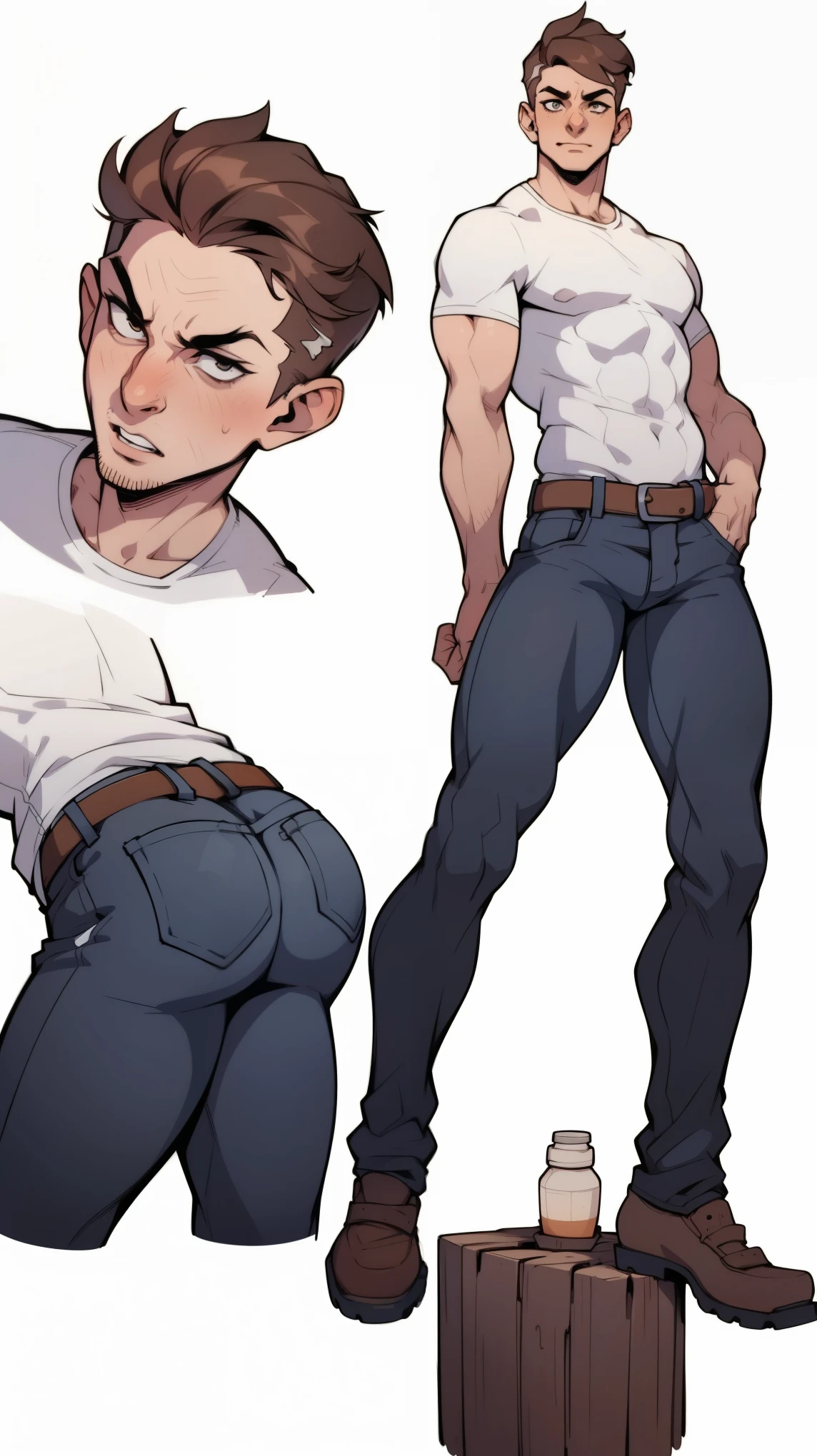 picture of a slim man, 1guy, pat32, pat 33, 4k, short brown hair, highly detailed, white shirt and jeans, standing, young, charming, (plain white background), (upper body portrait), looking embarassed, (reference sheet, simple white background, (multiple views))
