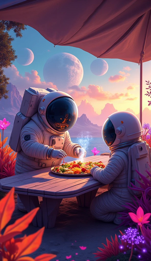 POV of an obese astronaut serving food on a table for another astronaut on a beautiful and colorful alien planet. The scene is set with a futuristic table under a canopy, surrounded by glowing alien plants, vibrant skies with multiple moons, and surreal landscapes. The food looks strange yet appetizing, with bright colors and steam rising. The moment feels warm, welcoming, and full of sci-fi charm