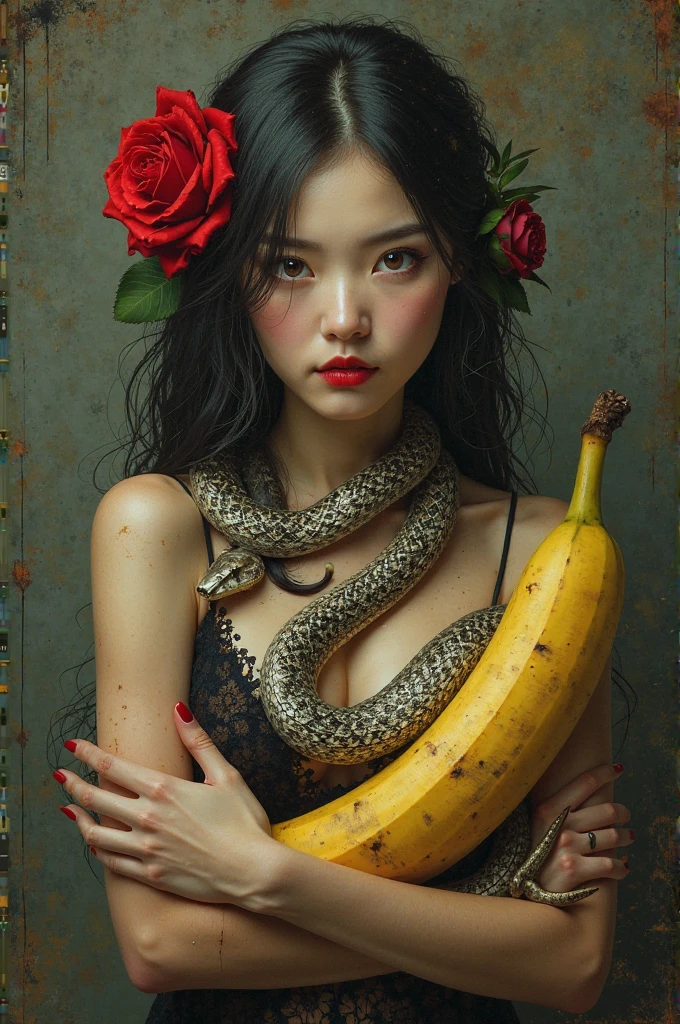Woman with a red rose on her head, She has a snake around her neck, holding a large banana with one hand 