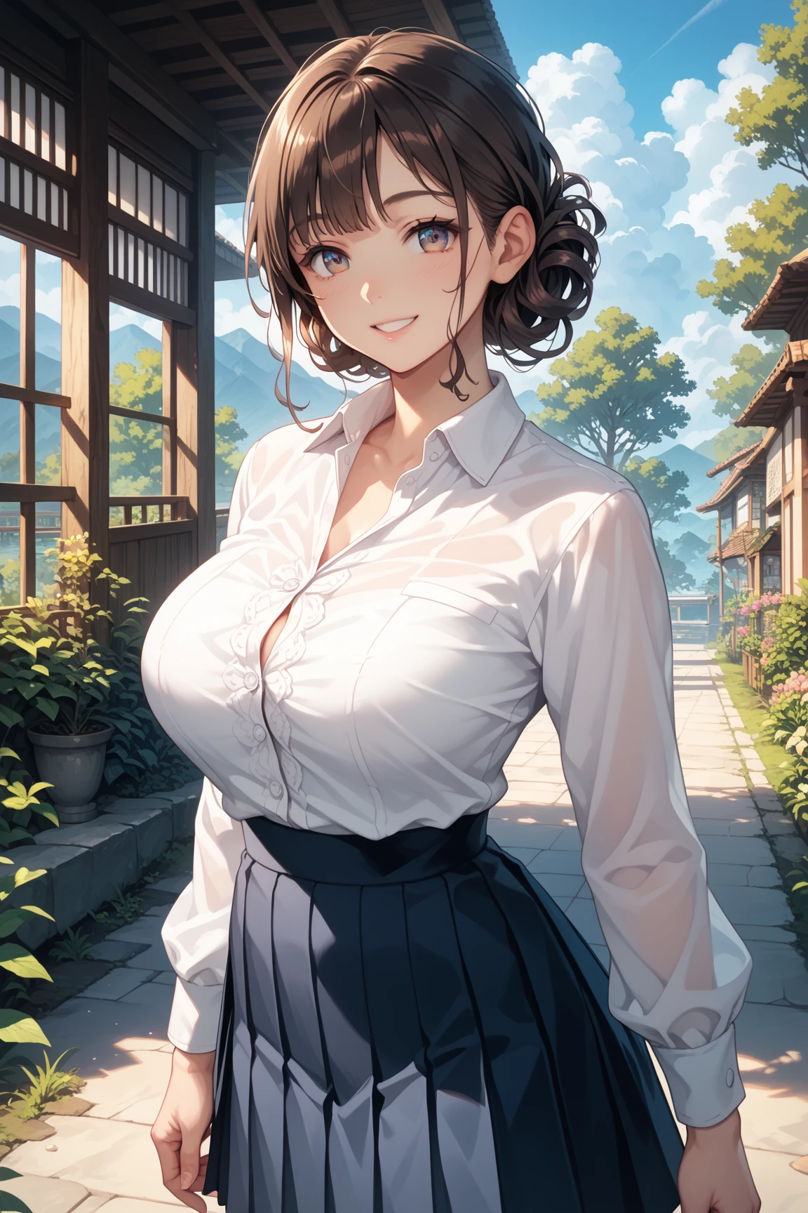 (masterpiece:1.2, Highest quality, Ultra-high resolution, Super detailed), (Realistic, photoRealistic:1.4), Beautiful illustrations, (Natural Side Lighting, Cinema Lighting), View your viewers, 1 Girl, Japanese, Adult women,30 years old, Perfect Face, (Perfect Anatomy), Cute and symmetrical face, Shiny skin, thin, (Updo Hair:1.3, Light brown hair), Hair between the eyes, Swept-apart bangs, Brown eyes, Droopy eyes, Big eyes, Long eyelashes, (Large Breasts), Beautiful Hair, Beautiful Face, Beautiful attention to detail, Beautiful clavicle, Beautiful body, Beautiful breasts, Beautiful thighs, Beautiful feet, (((Collared shirt:1.4), Wraparound skirt:1.4, Wearing a V-neck sweater over a shirt、(Brown V-neck sweater:1.3))), (Beautiful views), Depth of written boundary, morning, (garden, distant cityscape), Sitting on a bench, (Cute smile, Upward glance, Open your mouth),