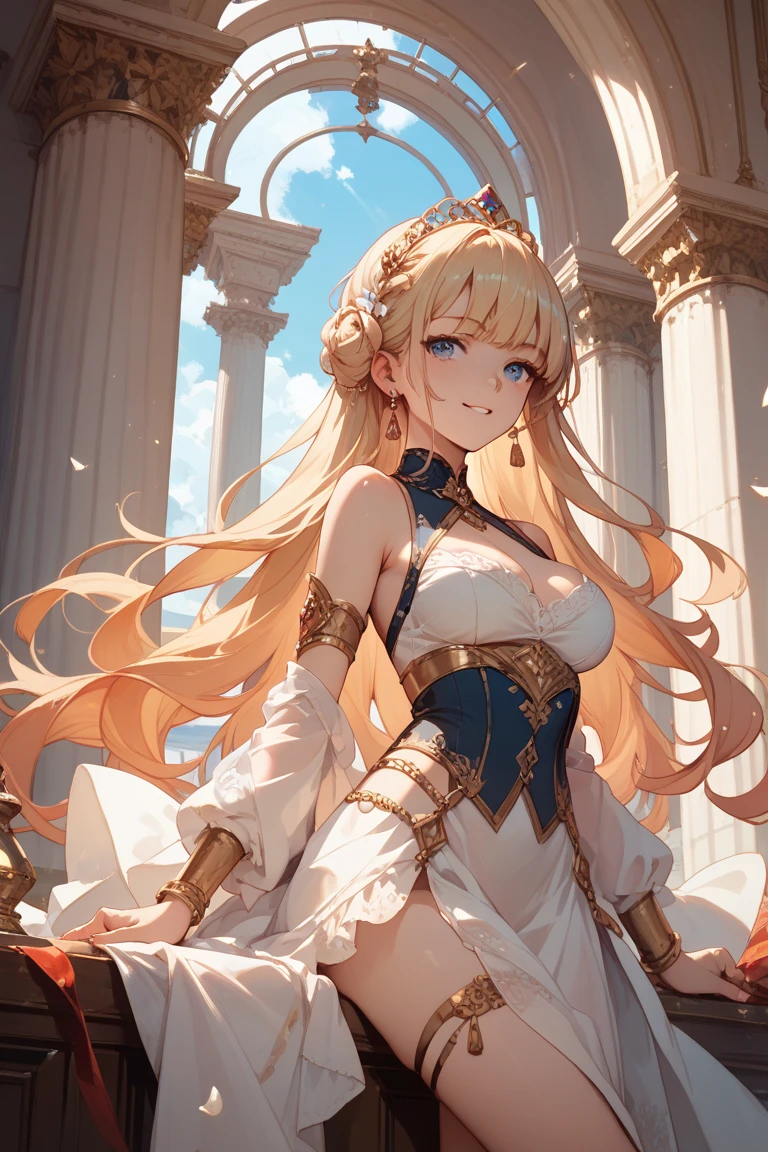 ​masterpiece, top-quality, the Extremely Detailed CG Unity 8K Wallpapers, Ultra-realistic 8kCG, erfect artwork, The perfect female figure, Dramatic shadows, "Her figure is tall and elegant, and she radiates a bright and radiant aura of power and grace. Her skin is as pale as snow, her hair is a vibrant blonde and her eyes are a piercing blue that holds your gaze like a tractor beam. She is dressed in a flowing white gown, with golden embroidery and details, and she holds a golden wand bearing a single white rose. Everything about her is majestic and otherworldly, like a vision of perfection made flesh"