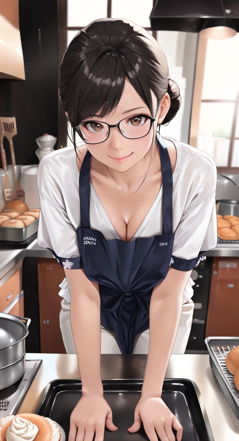 (Masterpiece, best quality, vibrant, high contrast, hyperrealistic, top quality, high sharpness, realistic, ultra realism, sharp, detailed clothes, highly detailed character, High Resolution, 16k, very detailed, Volumetric lighting, depth of field, cinematic, vibrant, dynamic lighting, dramatic light. Atmospheric effects. :1.3), 1girl, solo, 18 years old, ((Korean, Asian)), Pastry chef, adorable, long black hair pulled back into a low bun and tied with a sky-blue thin ribbon, swept bangs, strands framing her face, a little messy but intentional style., brown eyes, bright smile, shortstack, (Young adult, cute, youthful), Background: Small family owned Pastry shop, family owned, pots and pans, baking ingredients, window view of Seoul street, baking utensils, ((wearing a short-sleeved white v-neck shirt, black modern Baji pants, cute low-cut frilly sky-blue apron, Large black rimmed glasses)), lip gloss, black eyeliner, black flat shoes), Large-small  , Shortstack: "a woman who is 5'4" or below with a large , with an optionally large rear and other curves". Theme: A Young eighteen-year-old Korean girl starts her own pastry shop. Action: frosting cake on counter top with a spatula. kyomesug_yuu. thigh-length apron. frosting cake pose at counter top