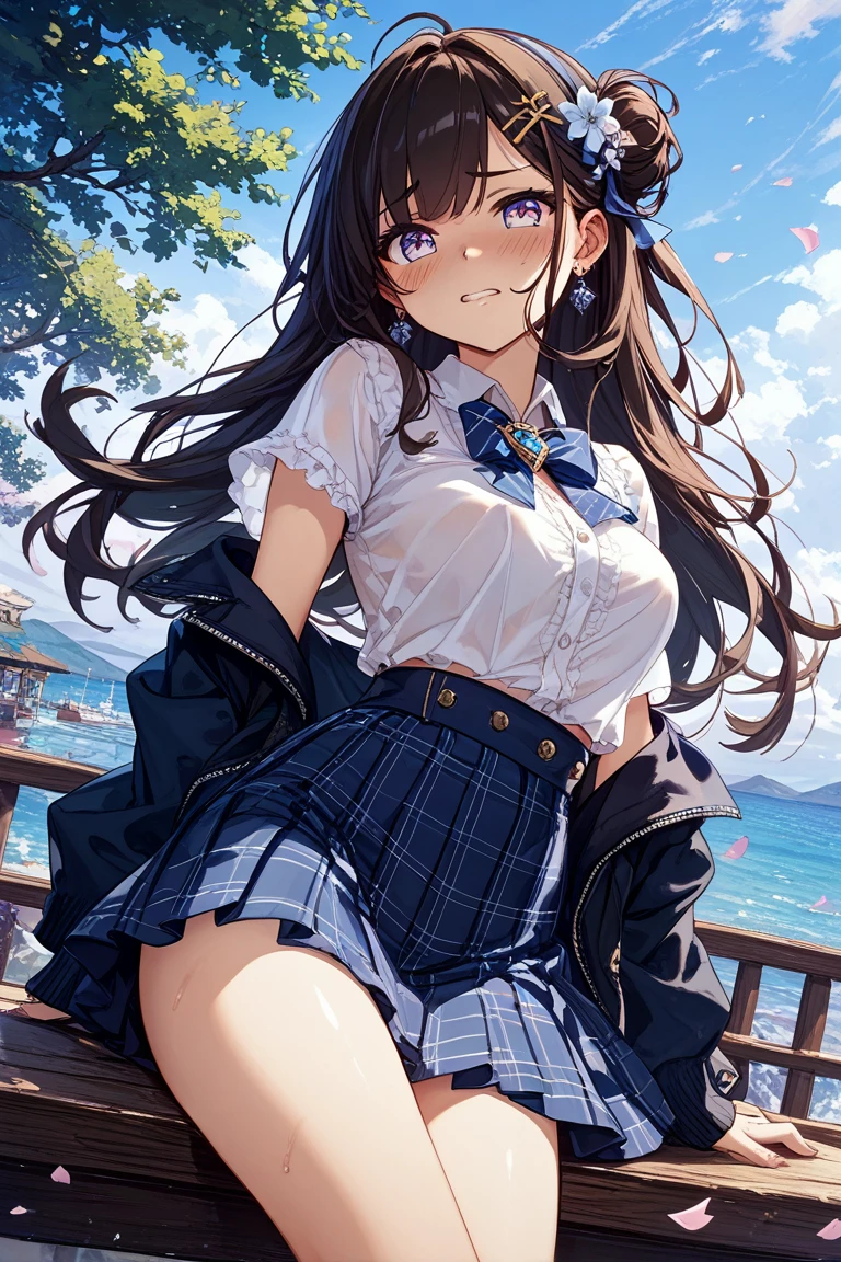 masterpiece, best quality,
1girl, view from below,
(lift up the plaid skirt:1.4), (summer school uniform:1.3), black panties, black hair, smile,
sandy beach,