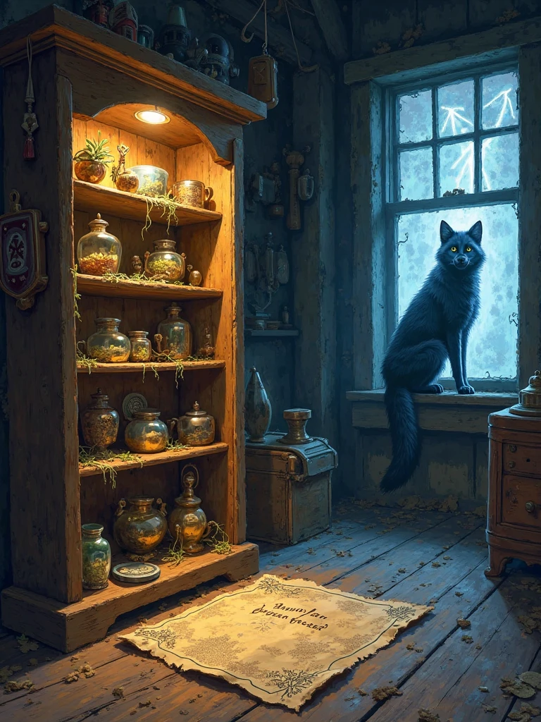 A *mysterious shelf of artifacts* from the boys’ adventures, subtly glowing in a dusty attic.
*Details:*
- The *shelf* is an old wooden bookcase with cobwebs, lit by a flickering lantern.
- *Items arranged like trophies*:
- The *moonflower seed* (from Story 6) sprouting tiny roots
- The *black pearl half* (from Story 5) reflecting the ghost ship
- The *clockwork key* (from Story 8) ticking on its own
- A *tiny cloud in a jar* (from Story 9) with lightning flashes
- The *wooden knight’s helmet* (from Story 10) with eyes that follow the viewer
- *Foreground:* A *torn map* (from Story 2) with the words "More adventures coming..." handwritten in the corner.
- *Background shadow:* The silhouette of the *snow wolf* (from Story 4) watching from the attic window.
*Style:*
Cozy yet intriguing—warm amber lighting with cool blue shadows. Textured brushstrokes to feel like an old oil painting.