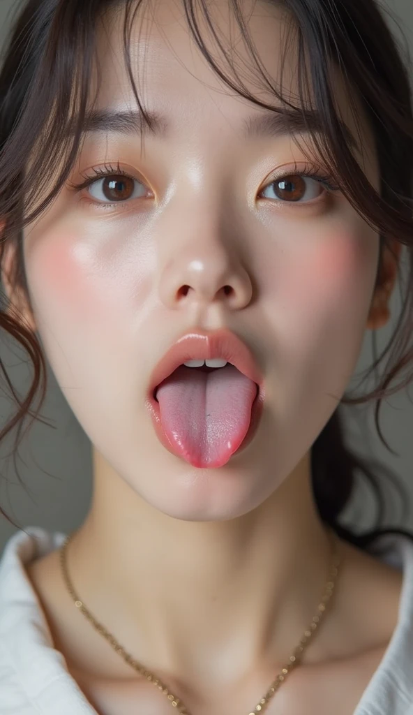 beautiful japanese woman,1 girl、debris flies、、Award-winning photo、very detailed、eye、nose、focus on the mouth、close up focus on face))、口を開けてeyeを閉じた女性、35 years old、black hair、しわeye:1.1、symmetrical face、リアルなnose孔、from belowのアングル、細長いC字型のnose孔NSFW、sweaty skin、Lighting that emphasizes the skin that shines with sweat、((鋭いnose))Skin shiny with sweat、shiny skin、sweaty hair、上eye使い、(wrinkles between eyebrows))(cum on tongue)Lighting that does not cast shadows on your face、from below、(female police officer、uniform、Inside the police station)long tongue、drooling.((Drool dripping from the tongue、saliva drips from the tongue))、(((Drool bubbles remain on the tongue、)))(((Foamy saliva collects at the bottom.)))