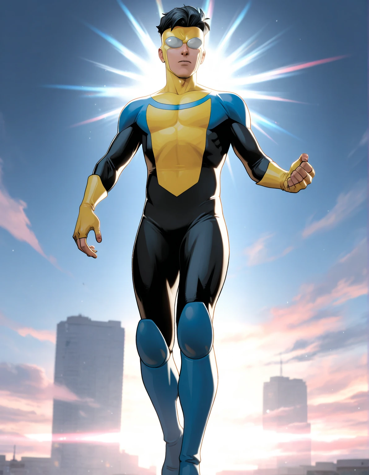 Pride Comics Style, solo, gloves, 1boy, holding, full body, male focus, bodysuit, multicolored clothes, multicolored background, rainbow, colorful, multicolored bodysuit, rainbow gradient, holding flag, pastel colors, transgender flag, pride flag, rainbow colors, looking at viewer, facing camera, traditional media, cinematic angle, cinematic lighting, foreshortening, depth of field, detailed background, masterpiece, best quality , official art , <lora:PrideComicsSDXLTEST:0.8>