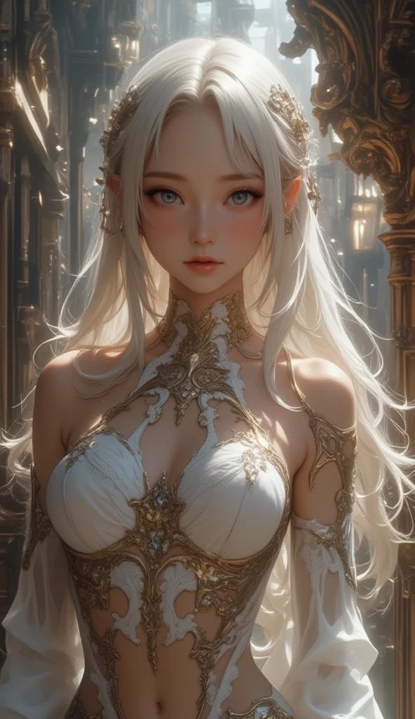 (best quality,4k,8k,highres,masterpiece:1.2),anime,white-haired girl,bunny ears,red eyes,shy blush,,detailed eyes and face,long eyelashes,soft and silky hair,peaceful expression,graceful pose,gentle smile,beautiful detailed lips,vivid colors,fantasy background,soft lighting,subtle shadows,whimsical atmosphere,dreamlike ambiance, full body, detailed face, detailed eyes, detailed hands, half naked