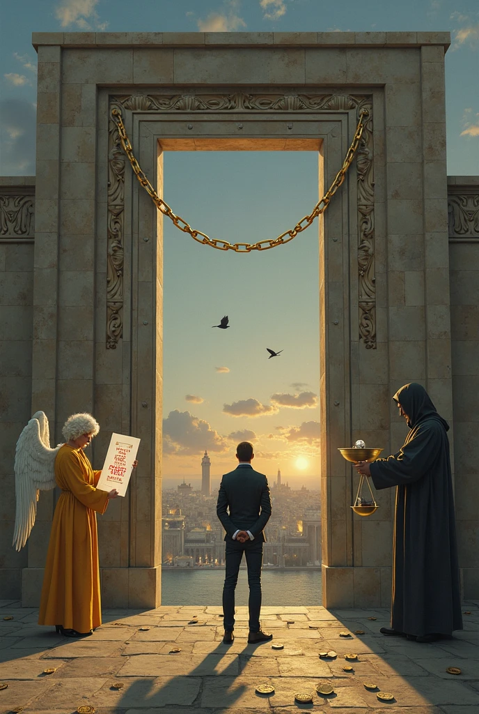 Surrealism with elements of allegory and allusions to classical painting.

 Business:
The foreground depicts a man in modern clothes, standing in front of a massive stone gate, that are slightly ajar, but the path is blocked by a translucent gold chain. There is a sign on the chain with the inscription: "Not everything is measured by an earthly measure".

To the left of the gate is an angel in bright clothes, handing a person a scroll with red letters, } but instead of text, it reflects the person's face. Angel is not looking at him, and somewhere in the distance, as if waiting for something.
On the right is a shadow with scales in his hands, but the scales are empty, is barely visible, and one of them has a coin with a tarnished. Blurred images float in the air around the scales — or memories, or unspoken words.
In the background, the city, immersed in dusk, Where buildings resemble temples, or banks. There are two birds: in the sky, one is flying to the light, The other is towards the shadows.
details:
Under a person's feet — scattered coins, but they don't cast shadows.
In the corner of the picture, an inscription in the ancient language, profile, which, on closer inspection, turns out to be words: "What you give is yours".
The gate doesn't look heavenly, are not hellish — they're just heavy and real, are like life itself.