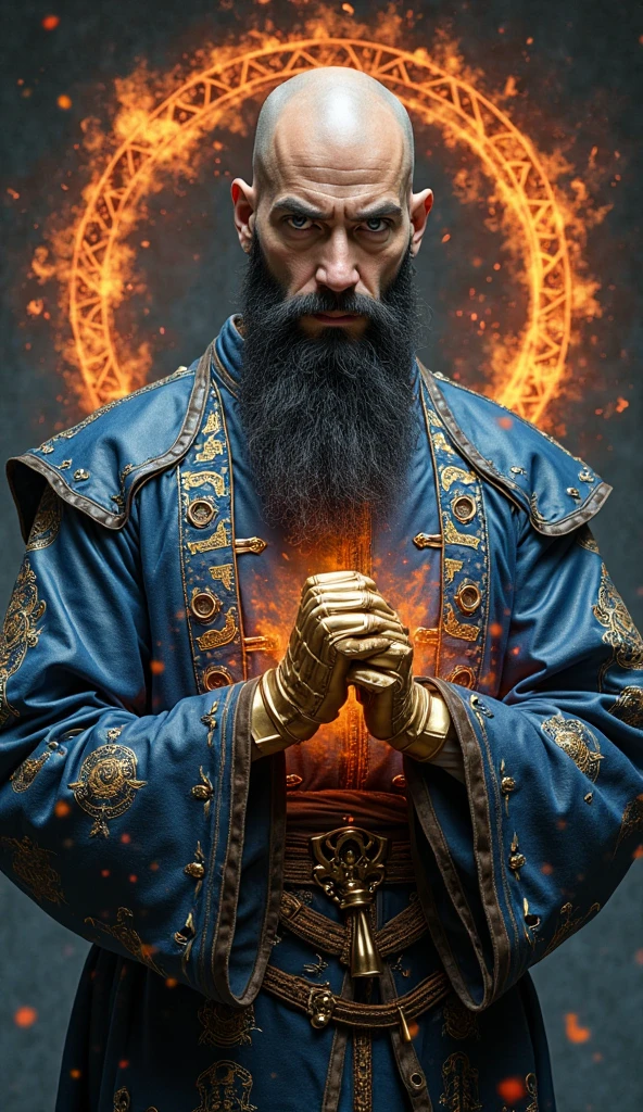a 30 year old monk, in a leather suit that has blue runes and symbols on it, he has gloves, gloves has yellow runes on them, gloves are brass, portrait, he is doing a kung fu stance, aqua backplan, dark blue-black lighting, he has black and long beard, completely bald, orange-red imaginary dragon symbols at the background, pure energy surrounding his gloves, he has an orange fire aura, his hands are making fists together