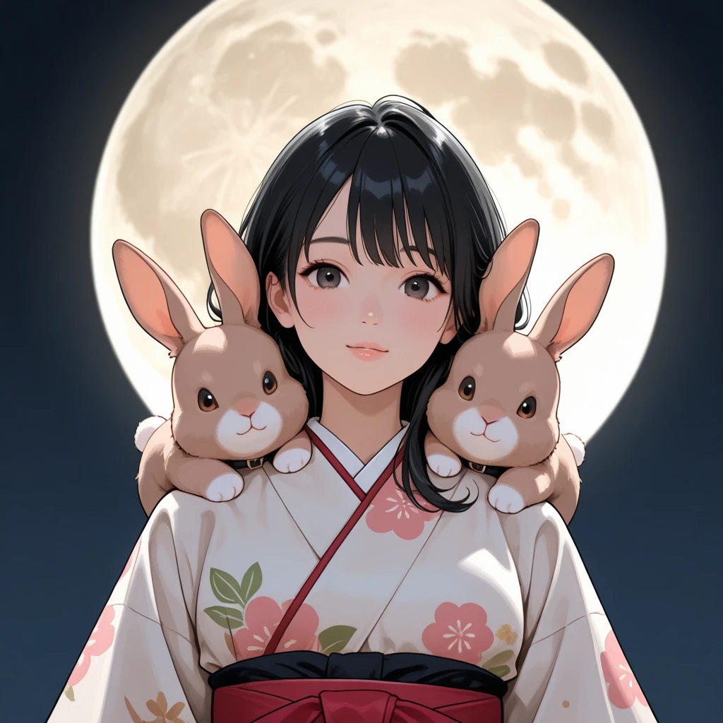 light brown rabbit snuggles up to shoulder　 full moon　 kimono　black hair　female