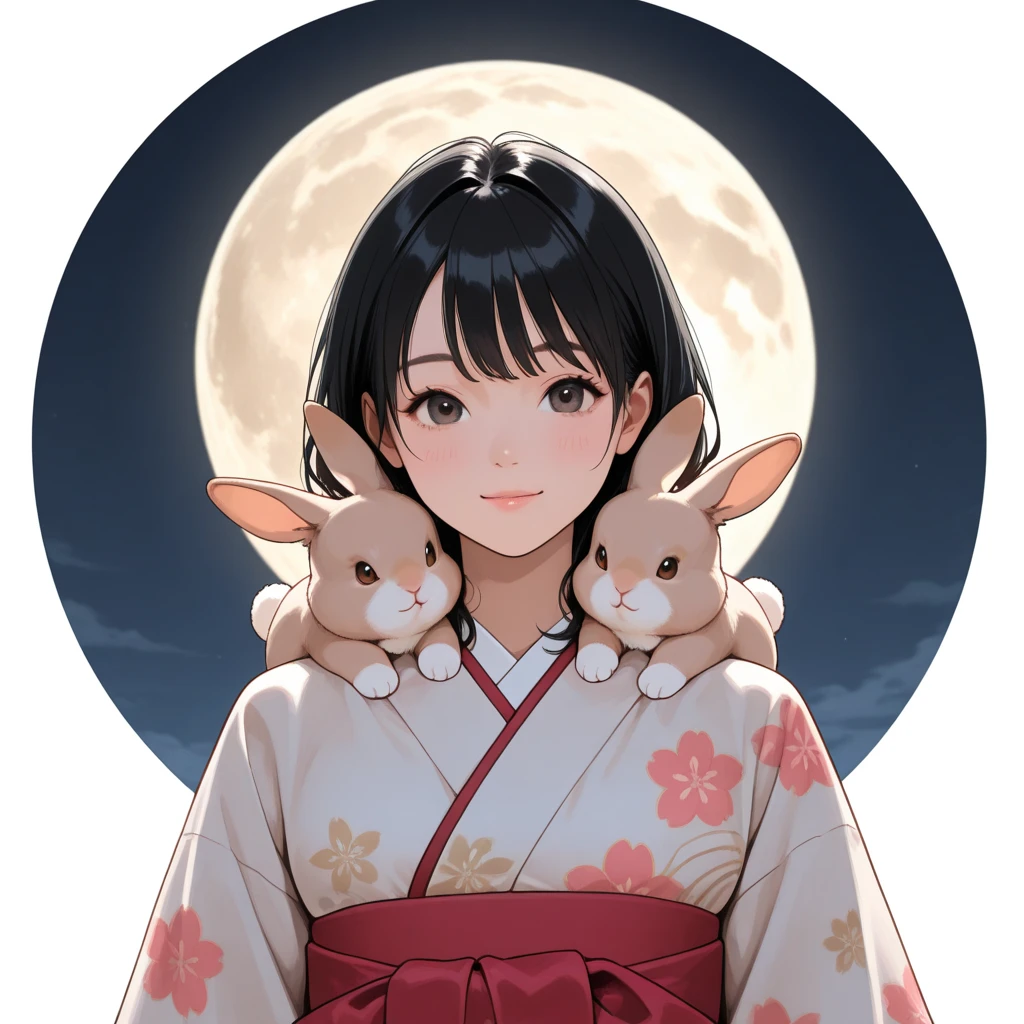 light brown rabbit snuggles up to shoulder　 full moon　 kimono　black hair　female