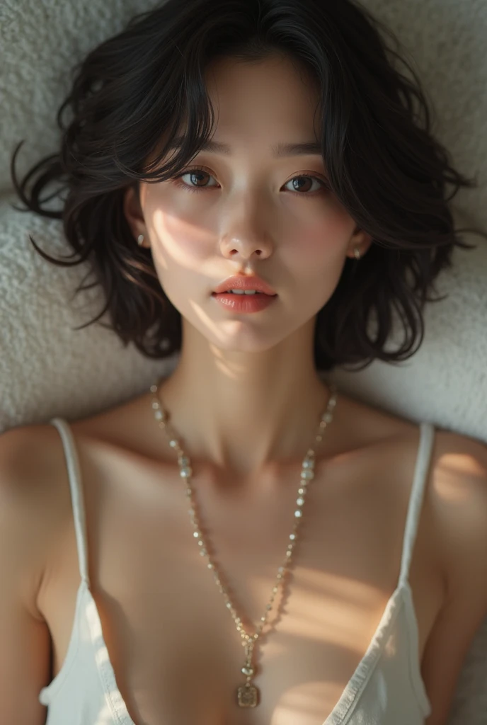 (highest quality, 8K, 32K, masterpiece, UHD:1.2),Photos of cute Japanese women, big breasts, very short bob hair,Upper body,face focus,extra large size_sweater, necklace, simple background, From above, looking at the viewer,