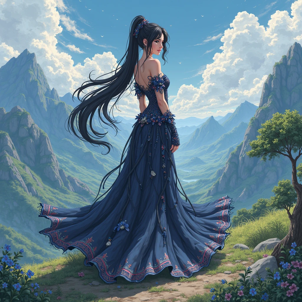 anime style, tall woman, full body shot, long black hair, Ponytail, blue big chest,30years old, mythical dress, mountain, hills.