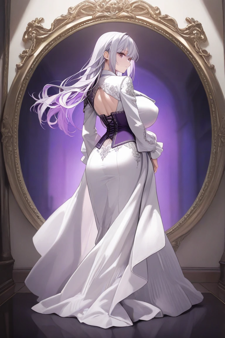 BREAK looking at viewer, BREAK (masterpiece:1.2), best quality, high resolution, unity 8k wallpaper, (illustration:0.8), (beautiful detailed eyes:1.6), extremely detailed face, perfect lighting, extremely detailed CG, (perfect hands, perfect anatomy)fern, long hair, bangs, (purple eyes:1.1), purple hair, sidelocks, blunt bangs, (bright pupils:1.5),castle,night,moon,starfall, half updo,
long sleeves,white dress, long dress,wet dress, cleavege,neckline,nipples,full body,stockings,upskirt,white panties, lace panties,wet panties, camel toe.