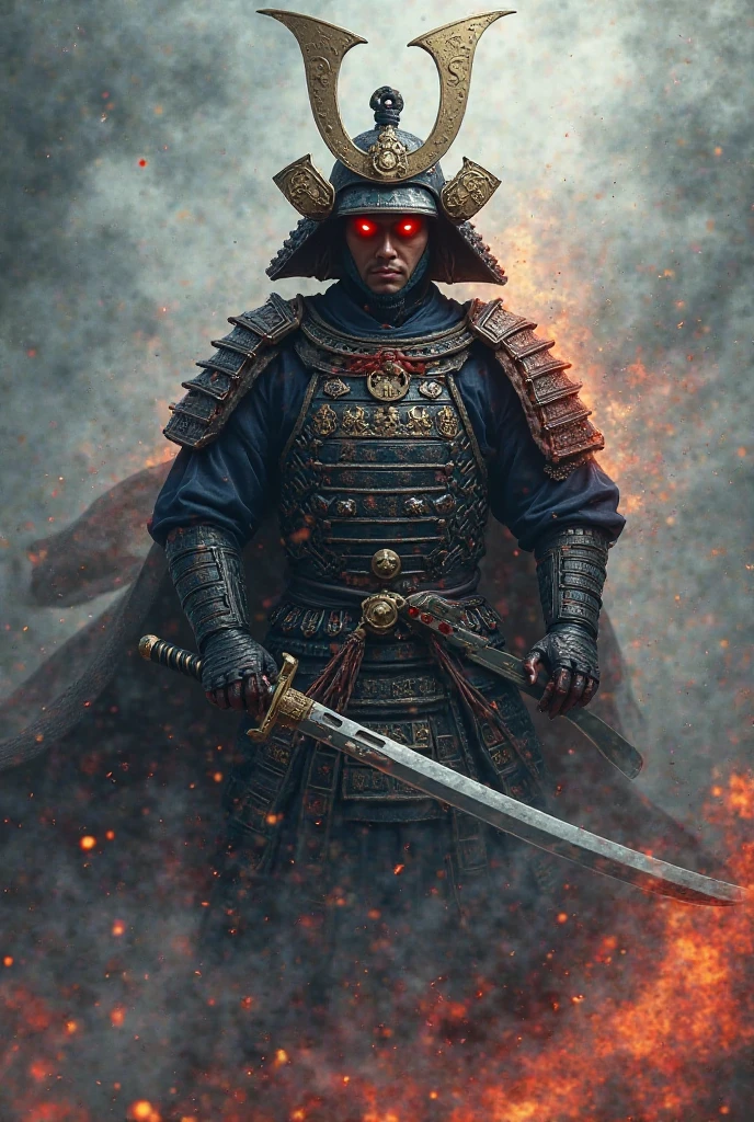 Behave like a tattoo artist and create a drawing of a samurai with red eyes from the Eastern era 
