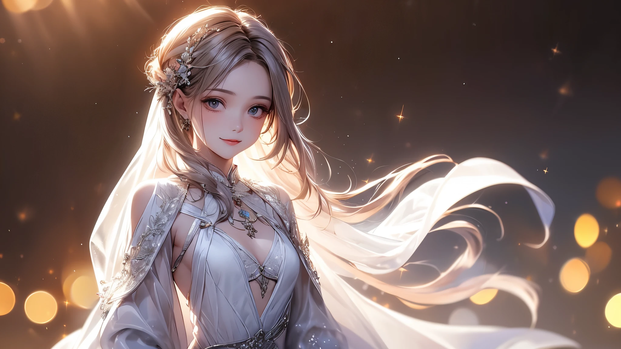 (masterpiece),(4K),High Quality,(small breasts),1 girl、 woman, Long Silver Hair ,pale skin,smile, beautifully detailed grey eyes, ( high-definition and elegant ),( white cape let fashion), magical colors and vibes, detailed skin from sleeve to chest,(Cute sparkle), light particles, The background is softly blurry ,Add a dramatic and iconic element to your scene, description boundary ahead of the large end, Bokeh, Silky to the touch , see-through silk, soft, lightweight garment、beautiful and neat face、The chest silhouette can be seen through、 hyper details,creates a dreamy and elegant atmosphere
