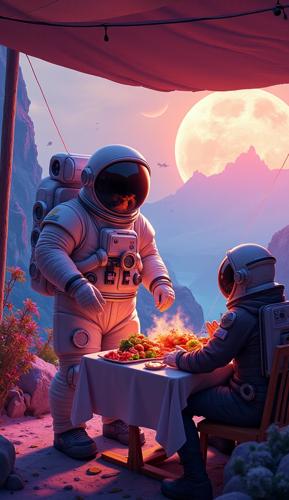 POV of an obese astronaut serving food on a table for another astronaut on a beautiful and colorful alien planet. The scene is set with a futuristic table under a canopy, surrounded by glowing alien plants, vibrant skies with multiple moons, and surreal landscapes. The food looks strange yet appetizing, with bright colors and steam rising. The moment feels warm, welcoming, and full of sci-fi charm