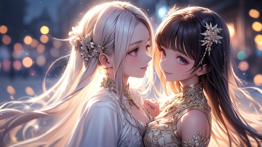 (masterpiece),(4K),High Quality,(small breasts),1 girl、 woman, Long Silver Hair ,pale skin,smile, beautifully detailed grey eyes, ( high-definition and elegant ),( white cape let fashion), magical colors and vibes, detailed skin from sleeve to chest,(Cute sparkle), light particles, The background is softly blurry ,Add a dramatic and iconic element to your scene, description boundary ahead of the large end, Bokeh, Silky to the touch , see-through silk, soft, lightweight garment、beautiful and neat face、The chest silhouette can be seen through、 hyper details,creates a dreamy and elegant atmosphere
