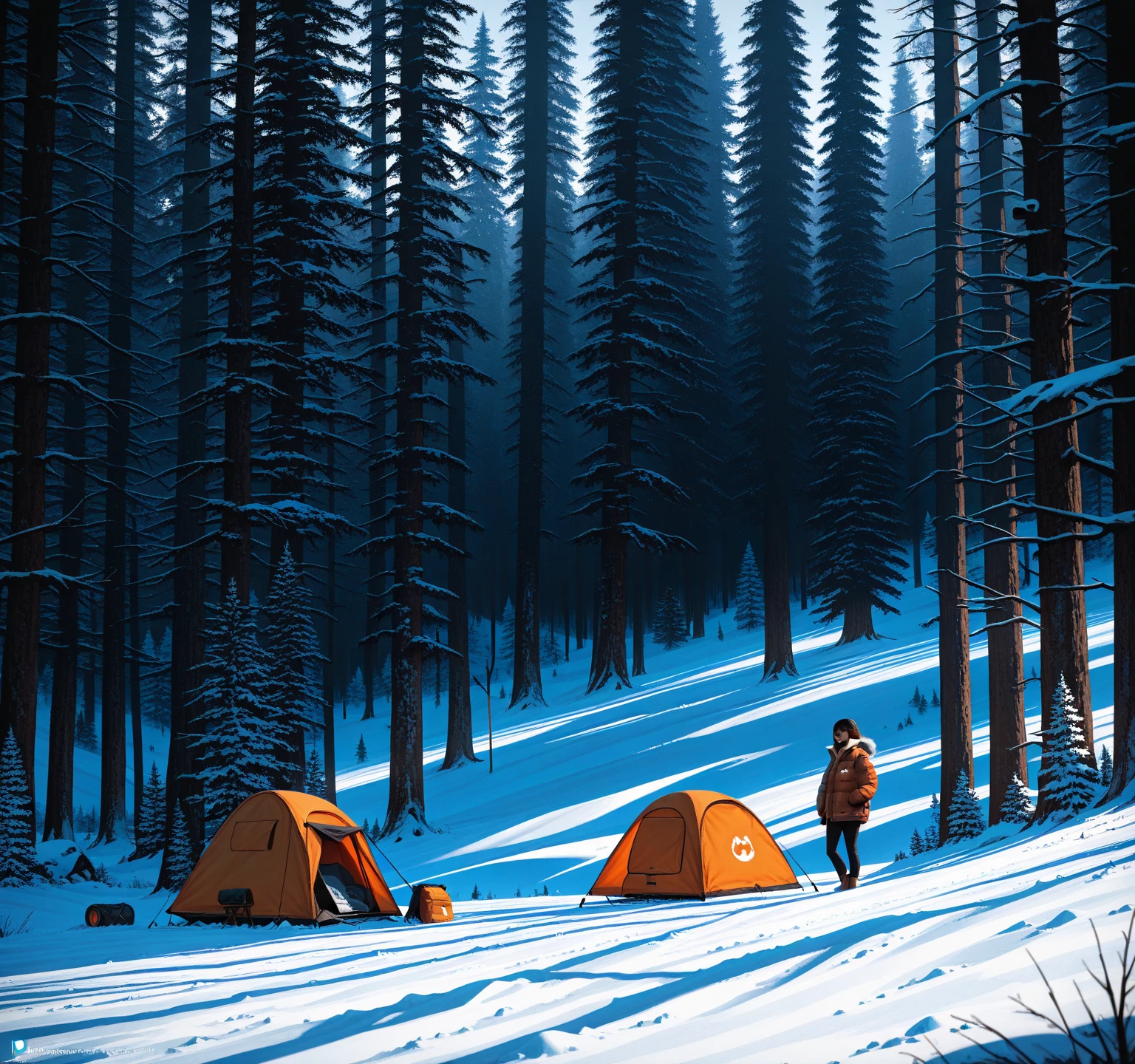  1girl ,high resolution, 8k, High Contrast, masterpiece, top quality, amazing image quality, realistic, very aesthetic, high resolution, 超high resolution, american,Camping in the winter coniferous forest