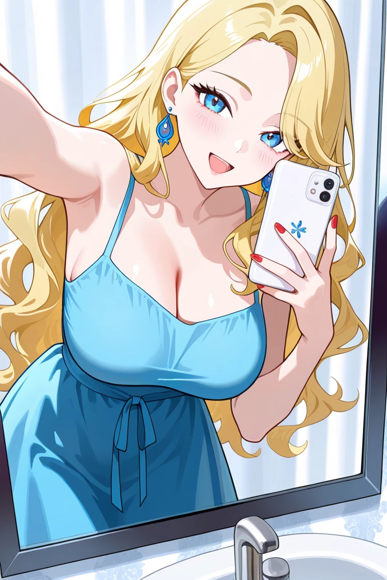 A 23-year-old blonde woman, ((pechos grandes)), ((hiperrealismo)) ,. blonde hair with light brown roots. cabello rubio, Hair with brown roots, cabello extra largo, cabello muy largo, really long hair, Beautiful, Front view, selfie, photo taken with camra, elegant black shirt with escote, escotada, selfie in the garden, high quality, selfie camra, cleavage 1girls, ,,Simper smile, High-definition image, a woman, her hair adorned with glowing fireflies, eyes shimmering with enchantment. Dressed in a gown made from woven moonlight, she stands in a mystical forest where trees come to life. The scene, bathed in the ethereal glow of the fireflies, captured in the style of a magical forest artwork., (masterpiece, best quality, official art,intricate details:1.2)