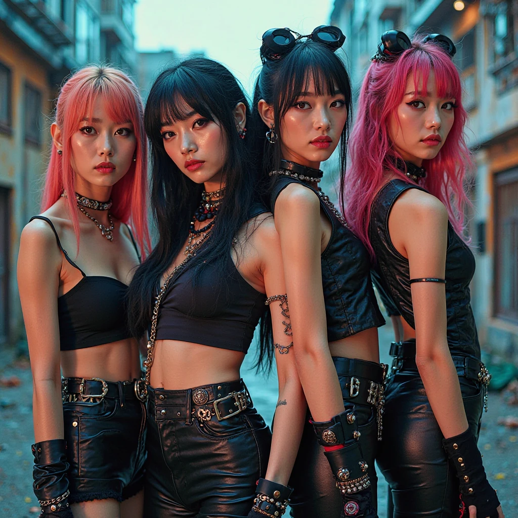 4 Japanese women aged 18 and 15 wearing all black gothic clothes with chain accessories and posing hugging each other, The 4 of them have different hair styles and colors, red background ,full body