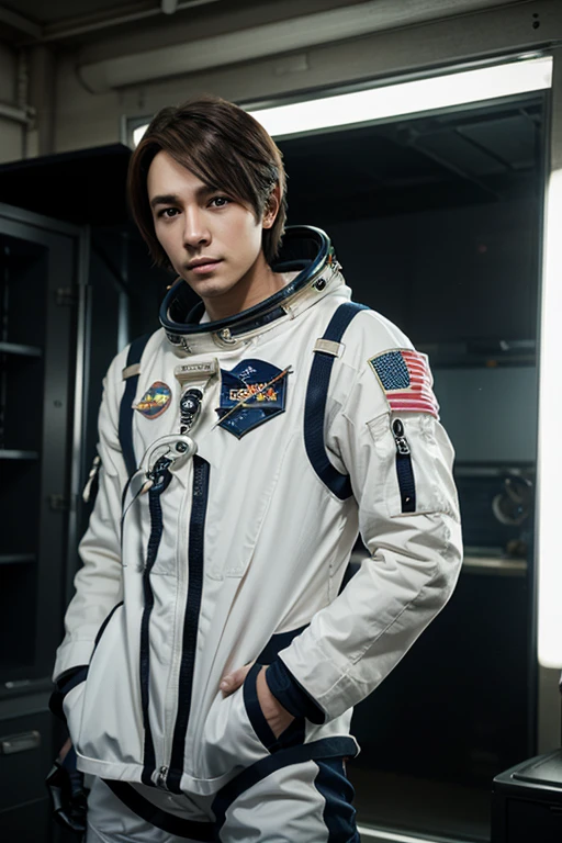 male pilot, (standing close to solar eclipse), landscape, huge sun solar eclipse background, elegant, wearing sexy spacesuit, tight clothes, open clothes, unzipped, blush, masterpiece, best quality, detailed background, depth of field, intricate details, (muscular), (large pectorals), (puffy nipples),  full length shot(fls) ,