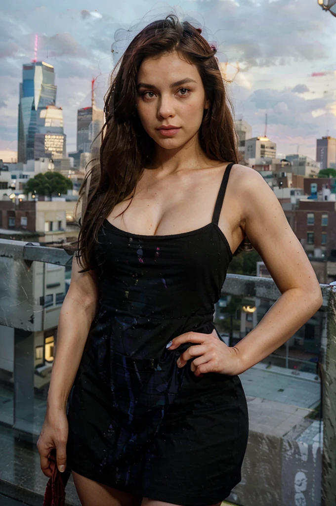 A beautiful European women, queen, squatting, full body, wearing torn dress, long dress, bone crown, grey sky, Post-Apocalyptic city, lianas, trees, vines. She is 24 years old, has black hair, long hair, curly hair and black eyes. Her cloth is stylish and her overall appearance is stunning. The girl's face is extremely detailed with beautifully detailed lips. Her skin is anatomically correct with realistic textures. The image should have super high details and be of the best quality, with a resolution of 8K. The final result should be a masterpiece, showcasing the girl's beauty and the vibrant atmosphere of The destroyed Post-Apocalyptic city, trees and vines