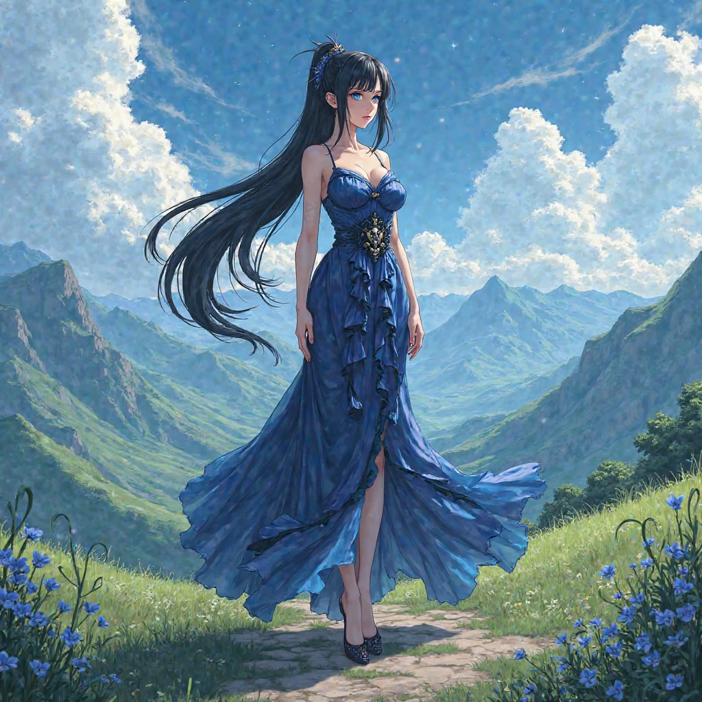 high quality, detailed faces, anime style, tall woman, full body shot, long black hair, blue eyes, Ponytail, huge chest,30years old, mythical dress, mountain, hills.