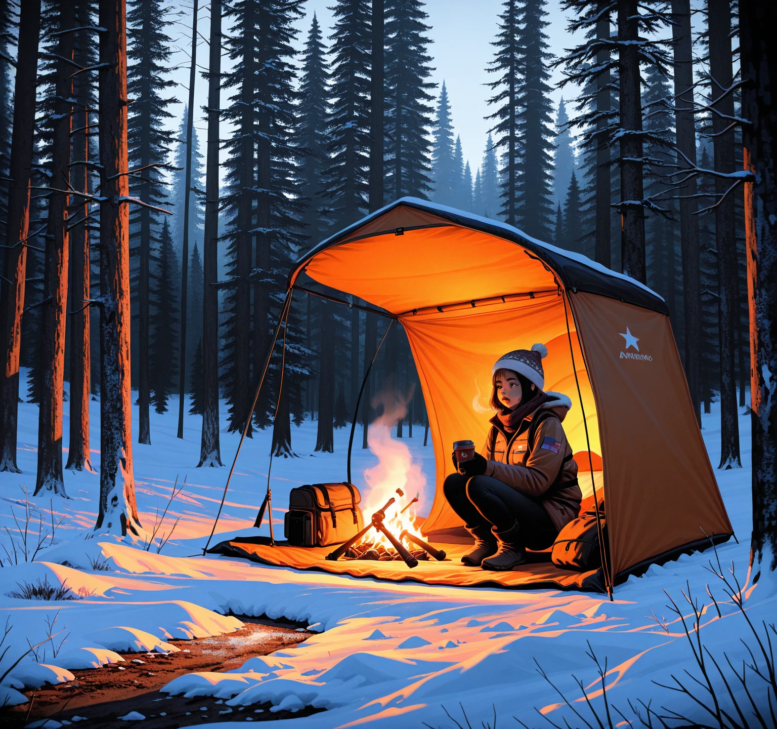  1girl ,high resolution, 8k, High Contrast, masterpiece, top quality, amazing image quality, realistic, very aesthetic, high resolution, 超high resolution, american,Camping in the winter coniferous forest