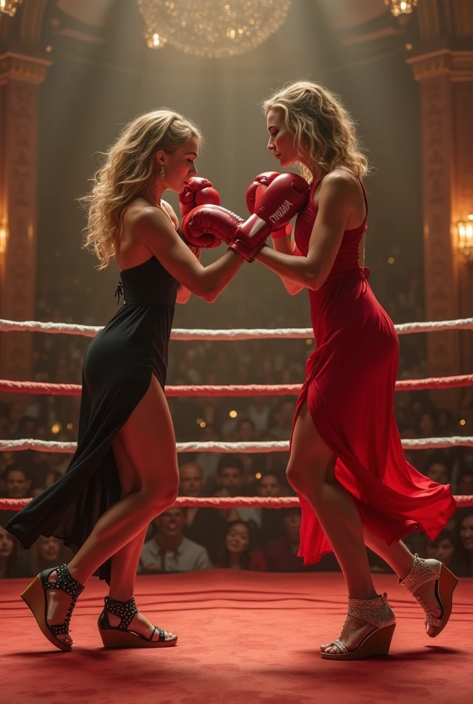 2 women fighting, violent hate-filled boxing match between a mature raven-haired woman and a young sexy blonde girl. (a sexy stunning busty voluptuous mature woman with stylish jet-black hair firm round breasts and a thicc voluptuous hourglass figure with thick thighs) fighting in a violent boxing match against a (tall toned busty young blonde girl with huge massive unnaturally large breasts). Both women are wearing olive green leather army shirts and olive green leather knee-length a-line business skirts, stockings and stiletto-heeled shoes. The two women hate each other and are angry and aggressive. The scene is a boxing match between two female soldiers who hate each other and want to beat each other up. Both women have incredibly huge breasts and are jealous of each other. ((The blonde Erika Eleniak is punching the raven-haired Denise Milani in the breasts)).