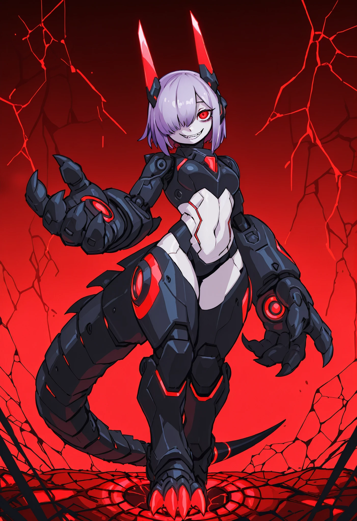 Mechanical weapon girl. Lavender hair. One eye covered. Glowing red eyes. Sleepy eyes. Smiling. Black and red image colors. Sci-fi style. Mechanical tail. Blade on the tip of the tail. Mechanical hands. Big hands. Sharp claws. Biological machine. Cracked background.