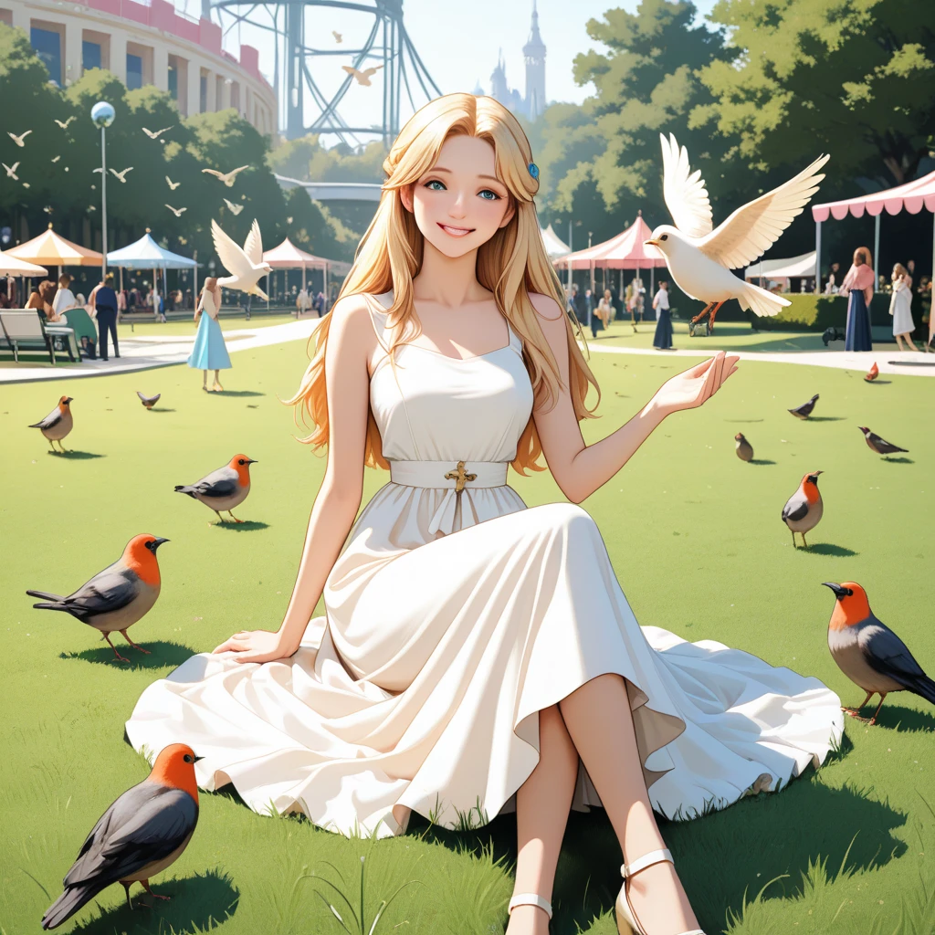 A princess sitting cross-legged on the grass in a theme park, surrounded by birds and small animals, extending one hand toward the flying birds, wearing a long elegant dress with a long skirt that covers her feet, full-body view, glowing smile, relaxed and cheerful expression, realistic style with a light anime influence, clear bright background with greenery, no detailed decorations, soft and youthful appearance, not ish, the overall mood should feel like an adult performing as a princess at a theme park, seated on the grass, legs crossed or in a casual sitting position.