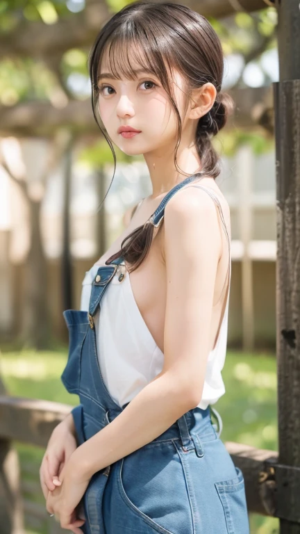 (8K, RAW Photos, Highest Quality, masutepiece: 1.7), (Realistic, Photorealistic: 1.9), NSFW, Black hair, (Blushing), Sweaty face, Full body, campsite, ((naked overalls)), ((Small breasts)), Cooking,