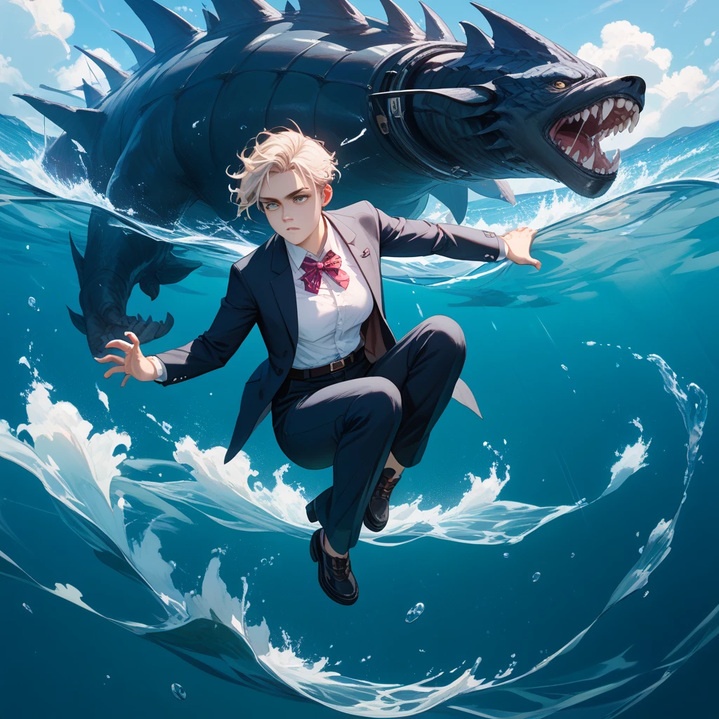 The Deep Black Sea、Drowning man、in a suit、watching from the air、expressionless、full body、I'm struggling in the water