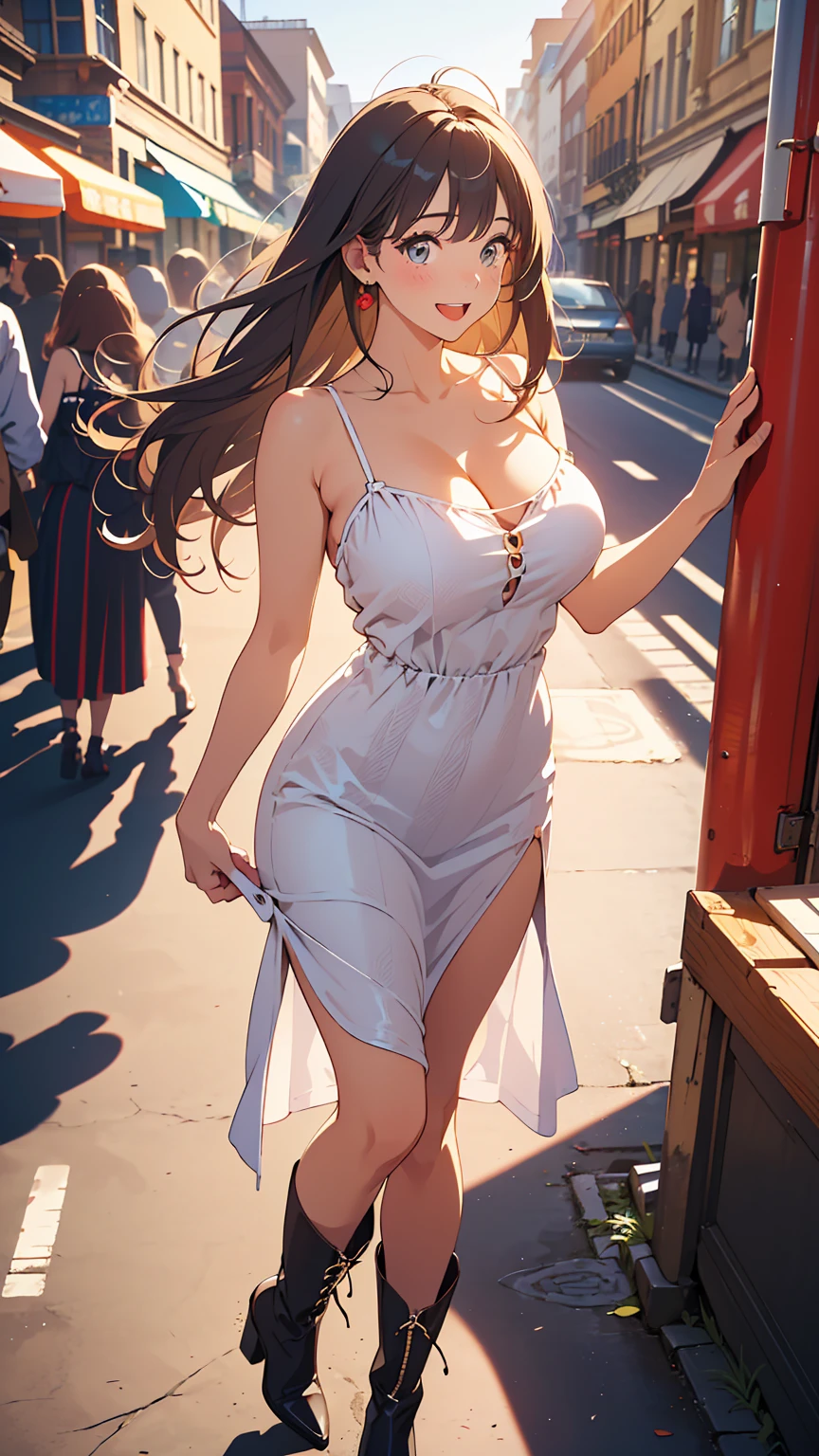 A beautiful girl going shopping, shopping bags in her hands, on the street, in public, a beautiful day, white sleeveless blouse, blouse with a high neck, red mini circle skirt, big rounds breasts, strap high heels, dark brown hair, long bangs, french braid, long hair, ponytail, wavy hair, expressive hair, shiny hair, hair flower, ribbon, jewelry, aqua eyes, glowing eyes, pupils sparkling, earrings, embarrassed, blush, surprised, red lips, glossy lips, full body, defined thighs, waist thin, high detail, anime, anime style, depth of field, cinematic lighting, dithering, image fill, multiple views, atmospheric perspective, perspective, Wide-Angle, f/1.8, 85mm, Nikon, 8k, super detail, UHD, retina, masterpiece, accurate, anatomically correct, textured skin, super detail, best quality, highres, 16k