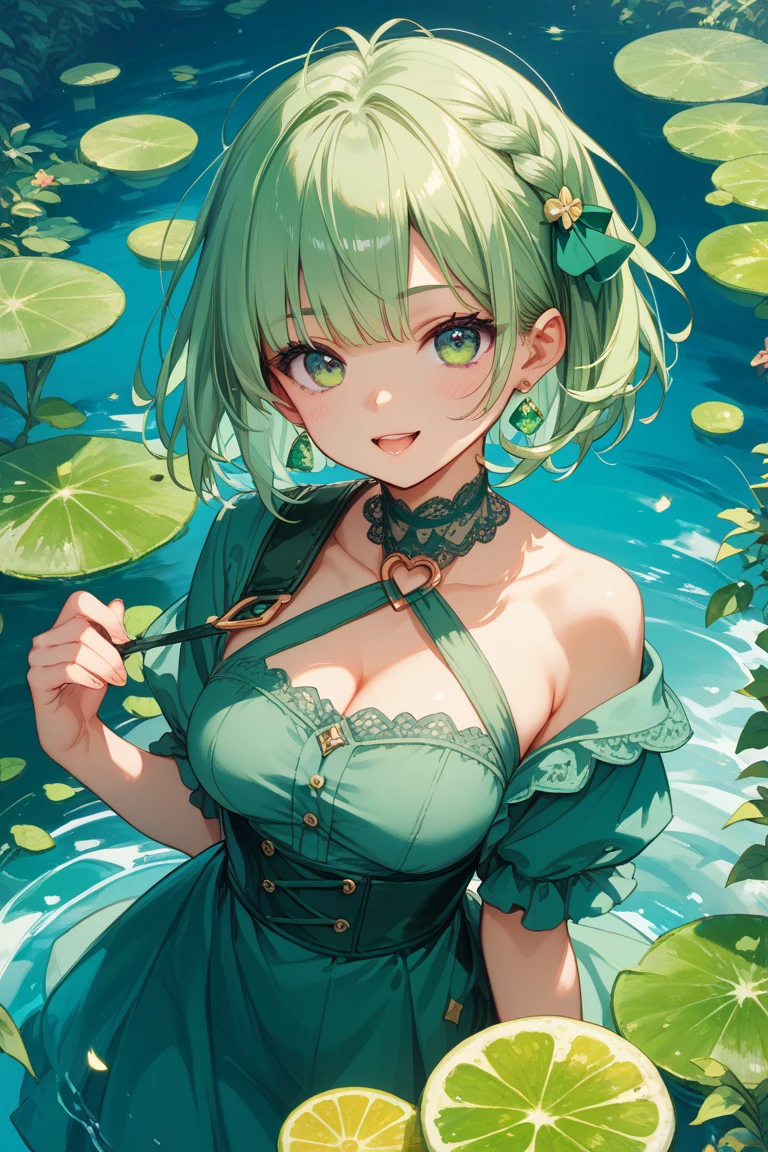 delicate and beautiful CG artwork),(best quality, ultra-detailed, high resolution),(dynamic angle, dynamic lighting),(1 character),(short black and green hair), blue eyes, beautiful face), frog, 1 girl, (long sideburns, plants, smile, black and green clothes, 3 d, frog girl, water lilies, lily pads, lake, pond, two space buns,