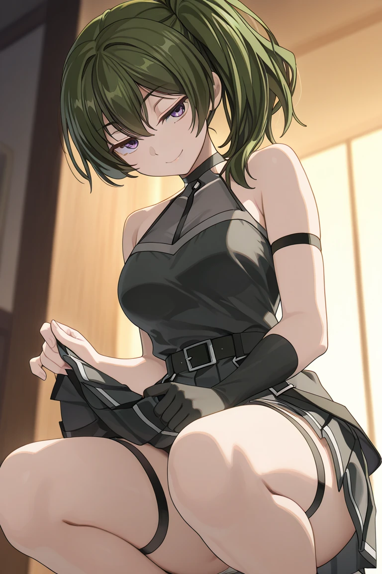 Anime, (Ellen 18-years-old, short dark layered hair, Brown-eyed, small breast:1.0), hair clips
Rogue outfit, belt, spread legs, sitting, embarrassed, groin ,